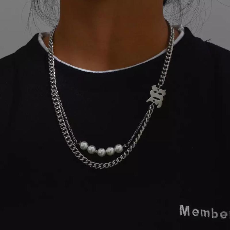 

Chokers Hip Hop Letter M Choker Necklace Punk Silver Color Double Layer Titanium Steel Imitation Pearl Long Chain Girls Jewlery