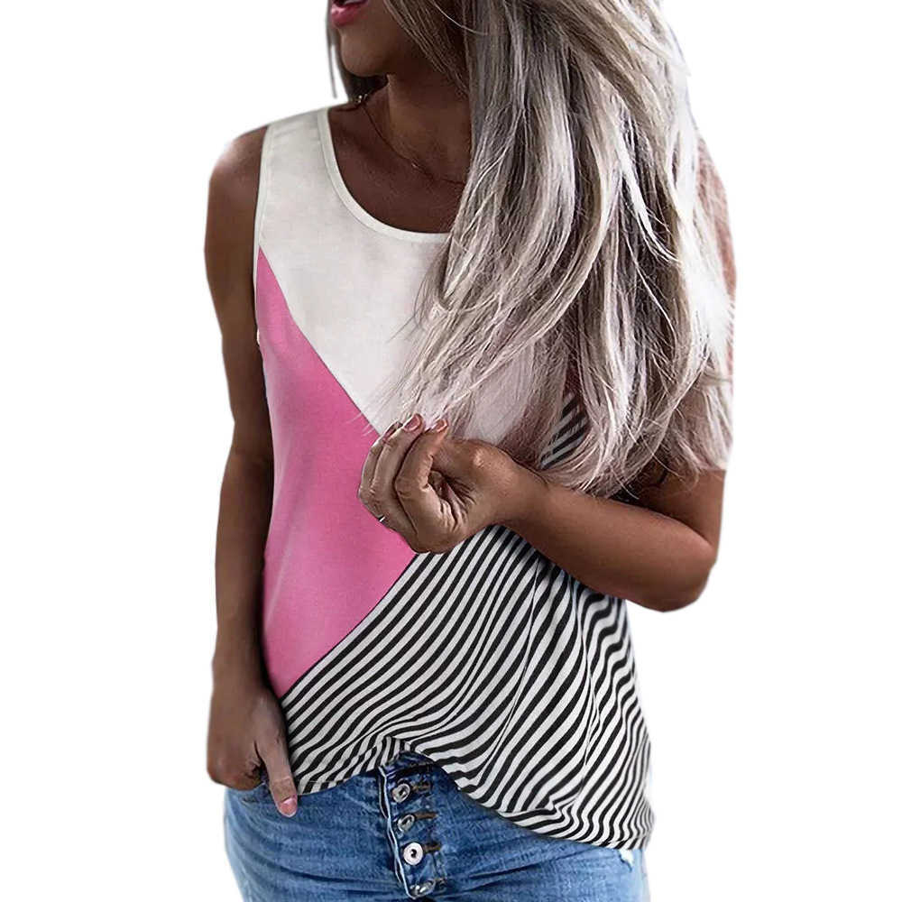 

Ladies Casual Tops O Neck Contrast Color Stripe Print Patchwork Sleeveless T Shirt Women Loose Plus Size Streetwear Tee Shirts 210604, Light blue