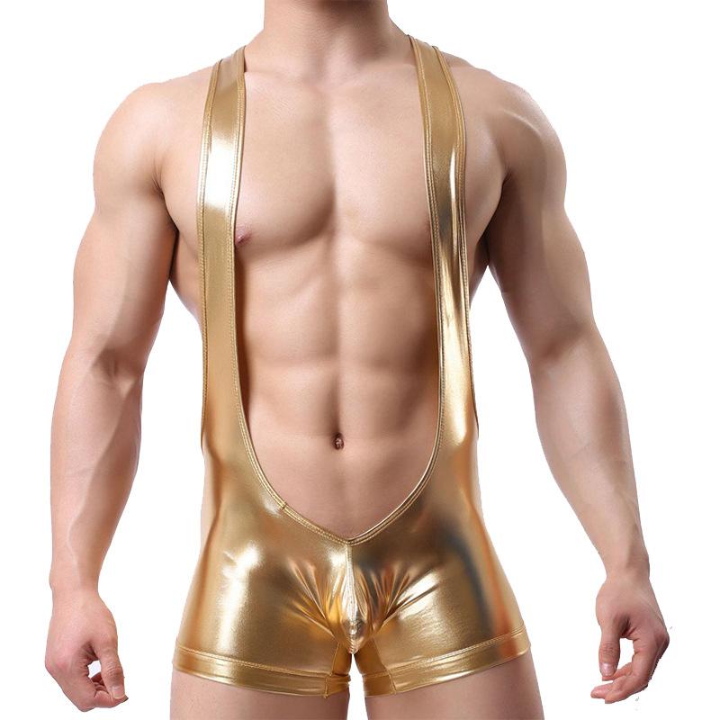 

Underpants Men Faux Leather PU Sexy Undershirt Jockstrap Wrestling Singlet Boxers Jumpsuit Suspender Underwear Straps Bodysuit Leotard, Gold
