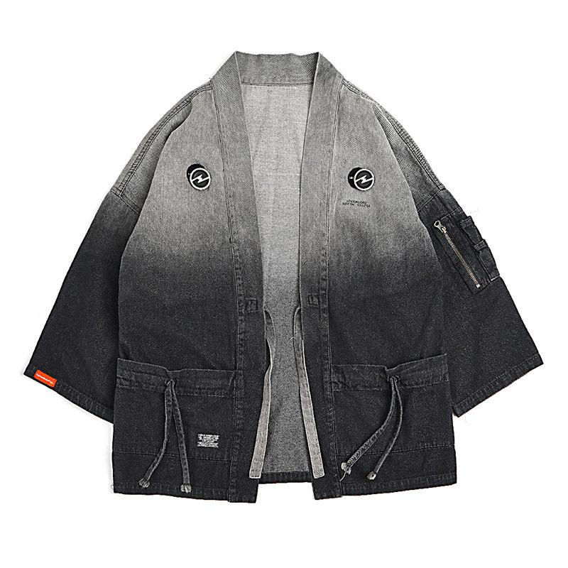 

Men' Trench Coats Kimono Cardigan Men Japan Style Gradient Open Stitch Three Quarter Loose Denim