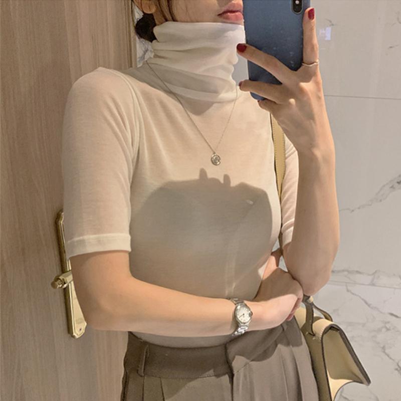 

Women's T-Shirt 2022 Basic Cotton Summer T Shirt Women Long Sleeves Tee High Elasticity Breathable Sexy Thin See Through, White
