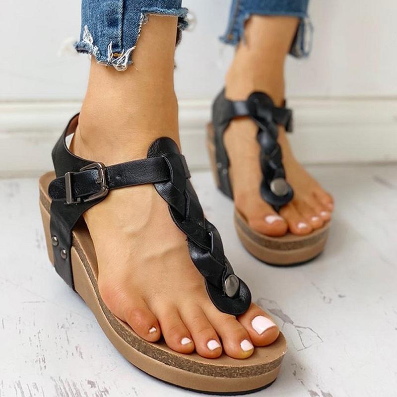 

Summer Women Gladiator Sandals Wedges Platform T Strap Ladies Beach Shoes Open Toe Roman Female Flip Flops Zapatos De Mujer, Black