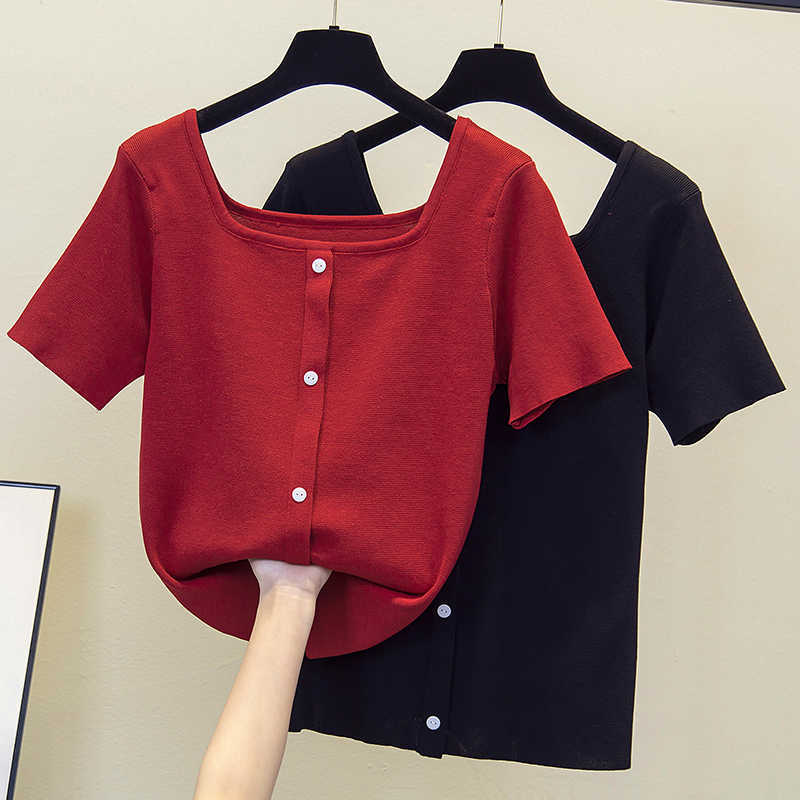 

Large size women's summer kint sweaters fashion short sleeve square collar button Oversized pullover female jersey mujer 210604, Red