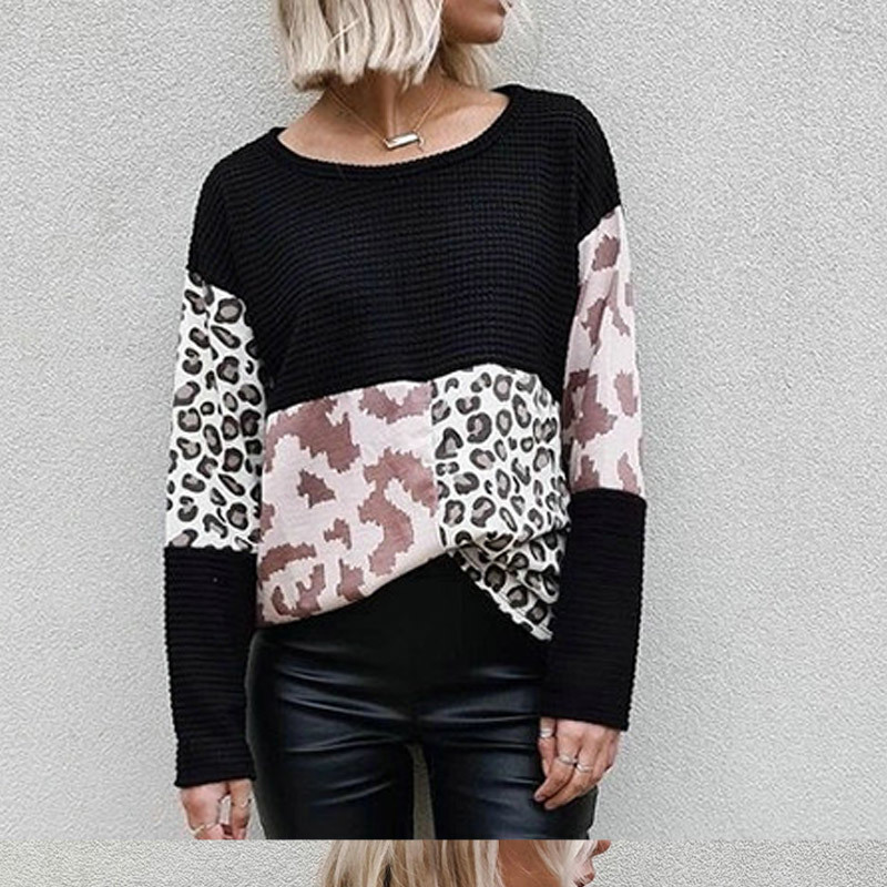 

Women's Leopard Printed Patchwork Sweaters O-neck Long Sleeve Casual Female Sweater Autumn Warm Fashion Ladies Pullovers 210524