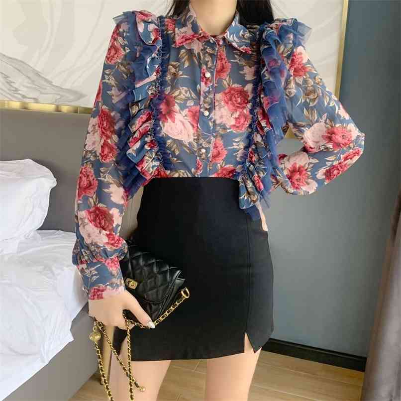 

Chiffon shirt spring lapel lantern sleeves are thin ruffled floral long-sleeved 210520, Black