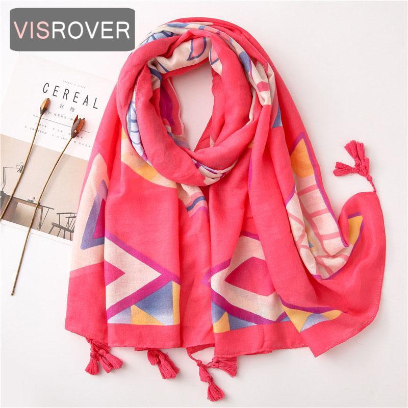 

Scarves VISROVER 2021 Beach Geometri Printing Viscose Summer Scarf With Small Fringer Fashion Wraps Spring Shawls Hijab Gift Wholesales, Blue;gray