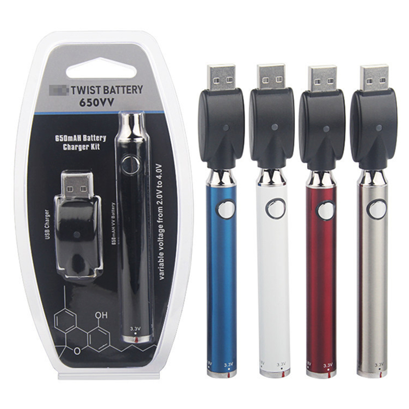 

MOQ 5Pcs eVod Twist Battery With USB Chargers Kits Preheat Preheating 650mAh Variable Voltage VV 510 Thread Atomizers Batteries E Cigarette