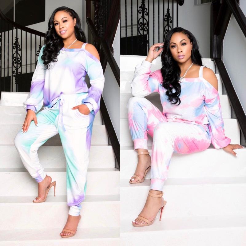 

Women' Two Piece Pants 3Y5166 Autumn Winter Women Casual Fashion Home Sports Tie-dye Strapless Set Top And Tracksuit Sweatsuit Outfits, Pink