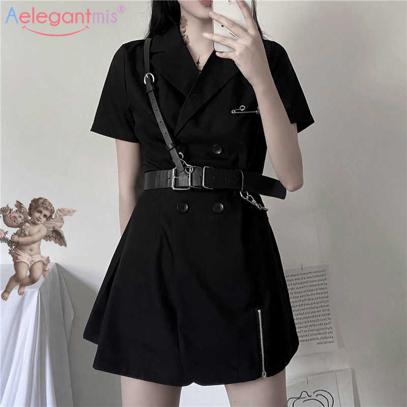 

Aelegantmis Casual High Street Sashes Black Blazer Dress Women Spring Double Breasted with Belt Female Chic Vintage Tops 210607