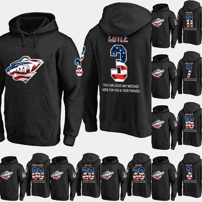 

Kob Mens Minnesota Wild USA Flag Hoodie 3 Charlie Coyle 17 Marcus Foligno 23 J.T. Brown 32 Alex Stalock Hockey Sweatershirt Jerseys Black S-XXXL
