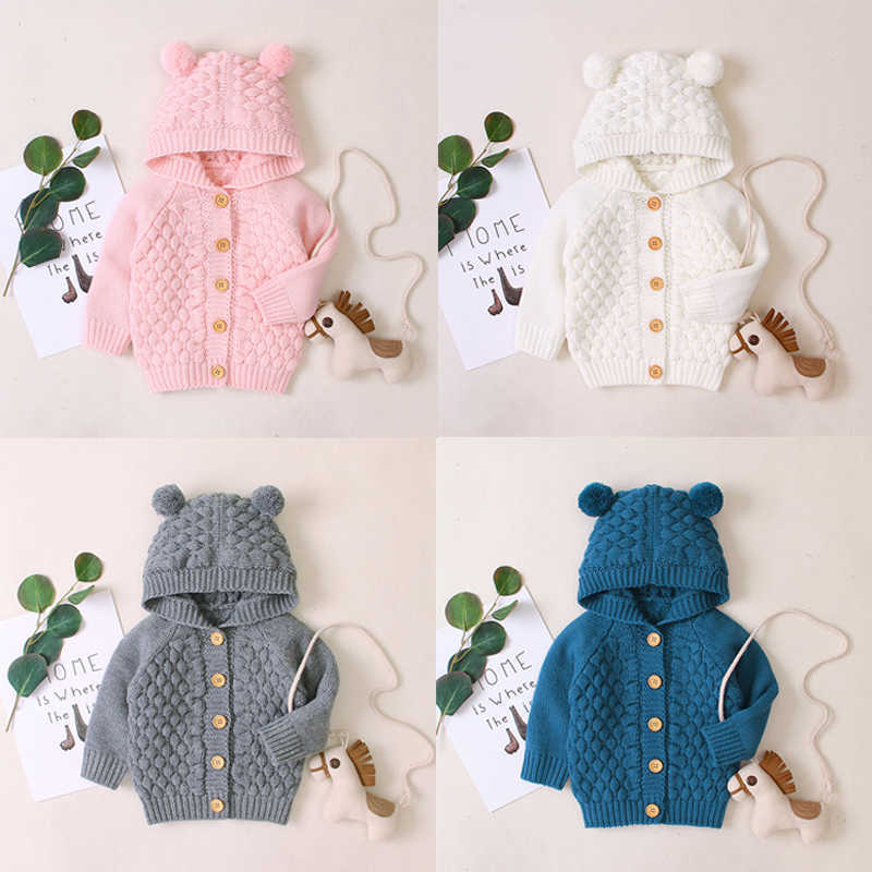 

New Born Baby Clothes Autumn Cute Ear Hooded Tops Infant Baby Girls Clothes Long Sleeved Sweaters Knit Jacket for Boys Soft Coat G1023, Pink