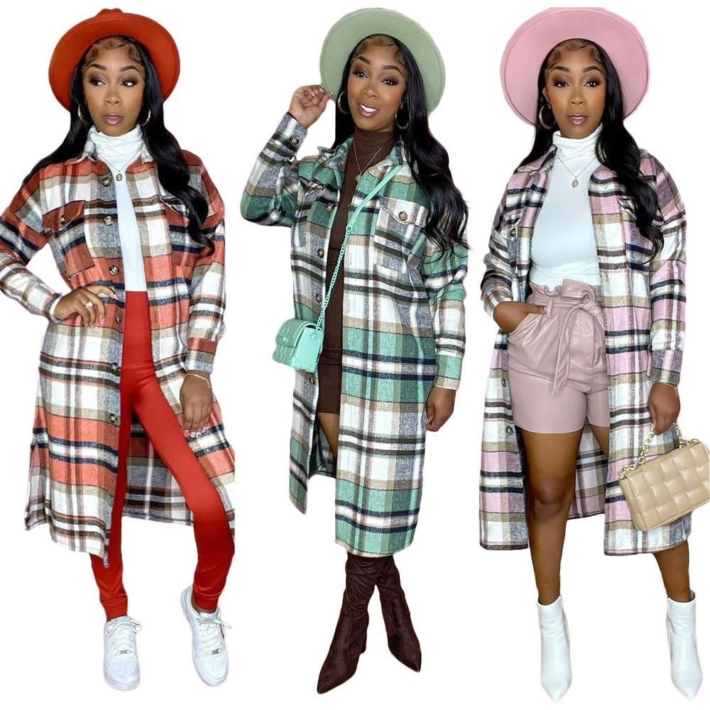 

Autumn Winter Women's Plaid Wool & Blend Coat Vintage Full Sleeve Turn Down Collar Jackets Classic Buttons Up Extra-long Outwear, Green