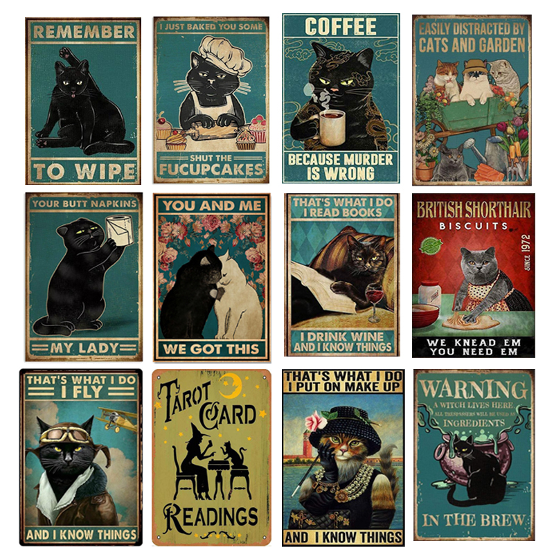 

Painting Cartoon Black Cat Coffee Warning Retro Metal Tin Sign Vintage for Bed Kitchen farmhouse decor Shabby Rust Wall Signs 20*30 cm