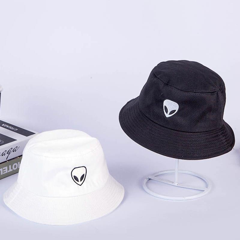 

Cloches Alien Embroidery Bucket Hat Fisherman Unisex Summer Panama Cap Bob Caps Beach Sun Fishing Boonie Casual Women, White