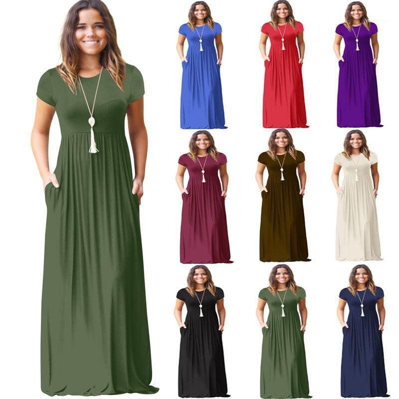 

Casual Dresses Women Long Maxi Dress 2021 Summer Solid Short Sleeve Pocket T Shirt Elastic Waist Boho Beach Party Plus Size, Black