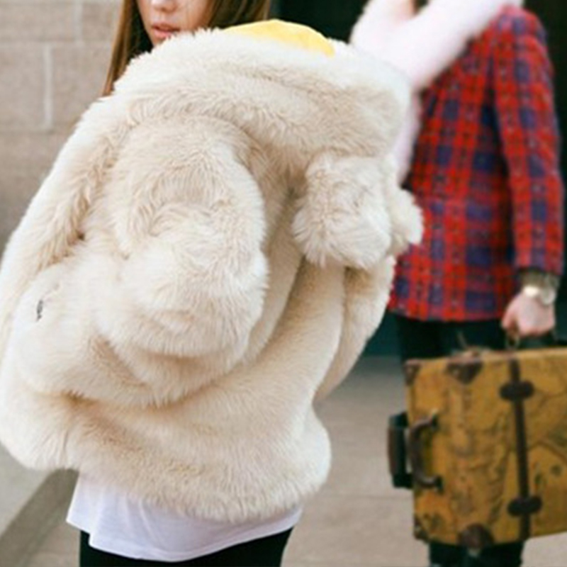 

Fur Women's Coat Coat Hooded Bear with Ears Cute Girl Small Fresh, Black