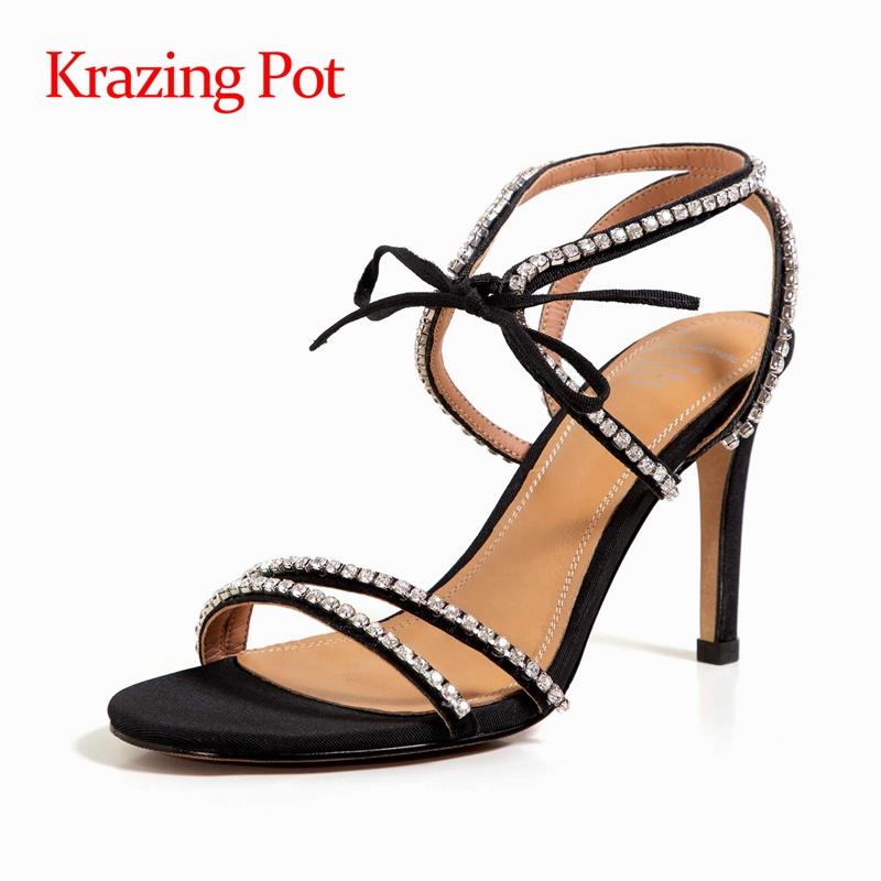 

Krazing Pot Super High Heels Diamond Rhinestone Solid Gentlewomen Party Sling Back Shiny Sexy Lace Up Sandals Women L29, Black