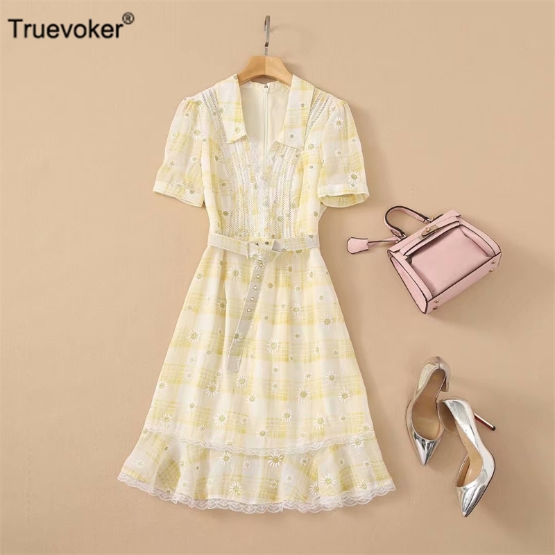 

Truevoker High Street Designer Party Dres Short Sleeve Floral Print Lace Frill Belted Knee Length Mujer Vestido 210602, Yellow