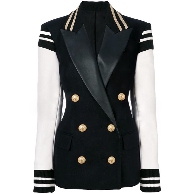 

HIGH QUALITY Est Fashion Designer Blazer Leather Patchwork Double Breasted Classic Varsity Jacket, As pic