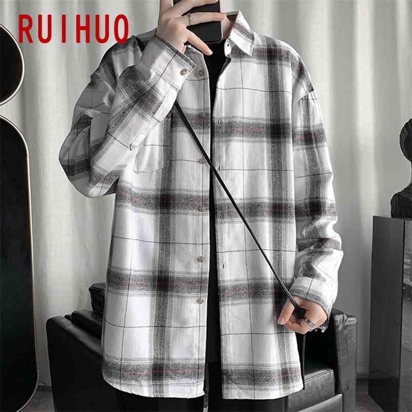 

RUIHUO Plaid Shirts For Men Clothing Fashion Long Sleeve Shirt Harajuku s Casual Slim Fit M-5XL 210721, Black plaid