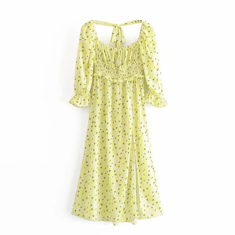 

Women Fashion Floral Printed Summer Midi Dresses Female Chic Bow Tie Elastic Waist Square Collar Dresses Casual Outfits 210520, Blue