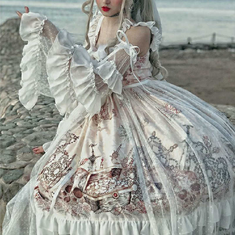 

Gothic Dres Pattern Print Chiffon Spaghetti Strap Lolita Anime Role-Playing Fairy Princess Kawaii Japanese Costume 210604, White sling dress