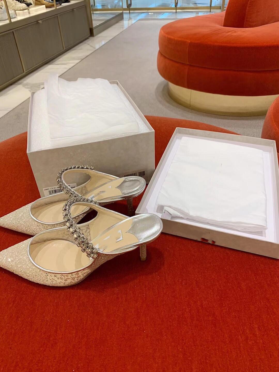 

2021 Luxury designer slides fashion sandals mesh pointed high heels women's bow flashing silver flat shoes sequined rhinestone chain st, Black