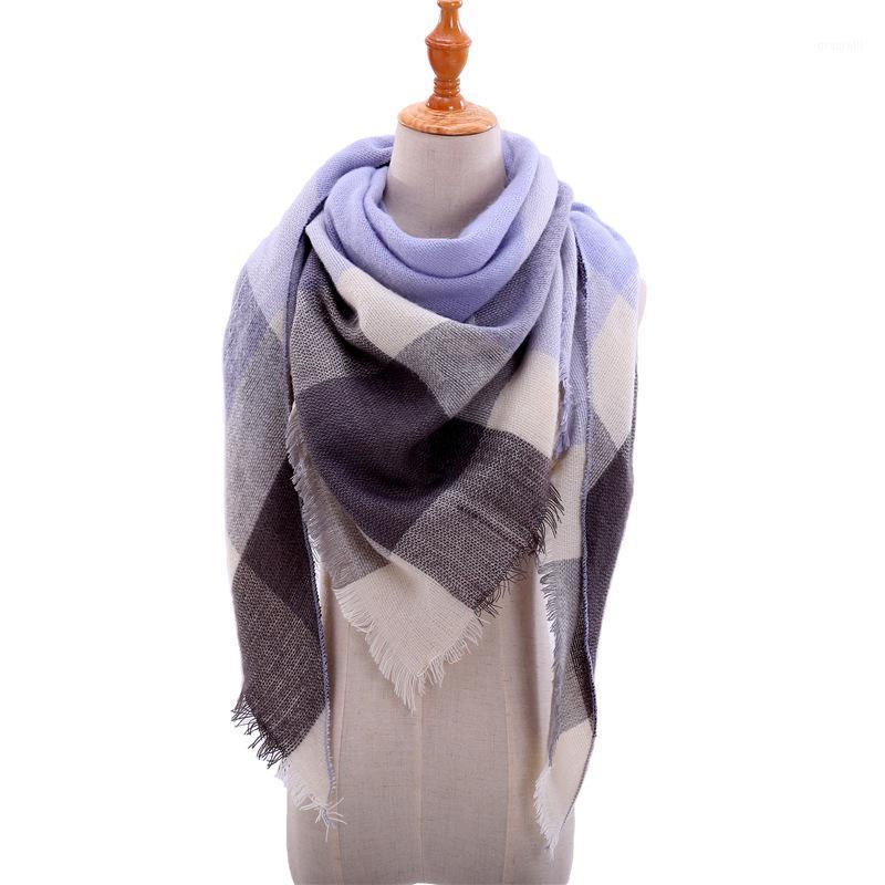 

Scarves 2021 Design Winter Warm Women Plaid Triangle Cashmere Striped Scarf Female Shawls And Wraps Bandana Blanket, Blue;gray