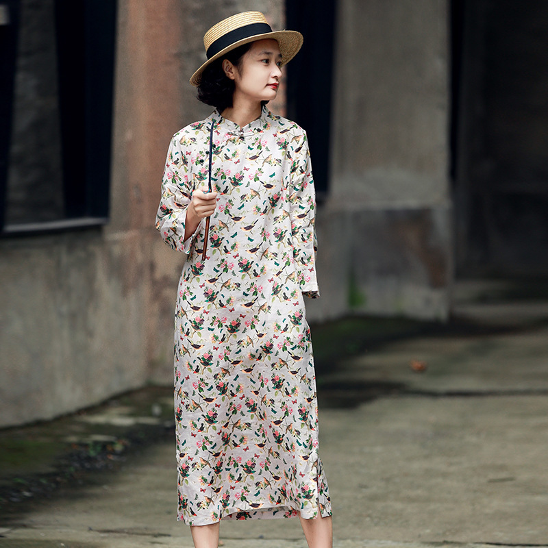 

Johnature Fashiion Retro Print Stand Nine Points Sleeve Dresses Autumn Cotton Linen Comfortable Women Pullover Dress 210521, Multi