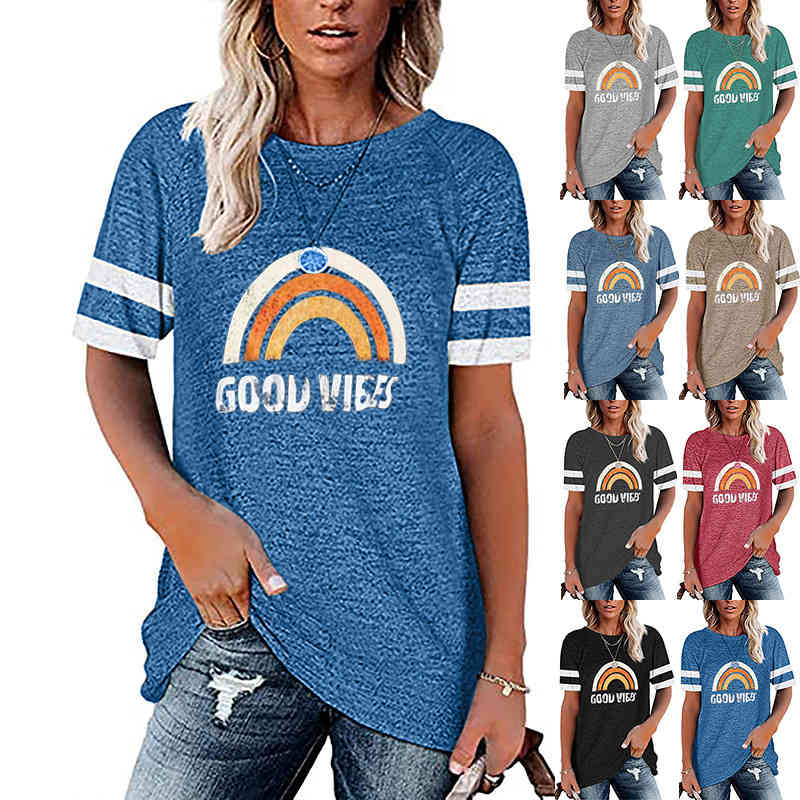 

women's 2021 summer new round neck color matching printing short sve loose t-shirt, White