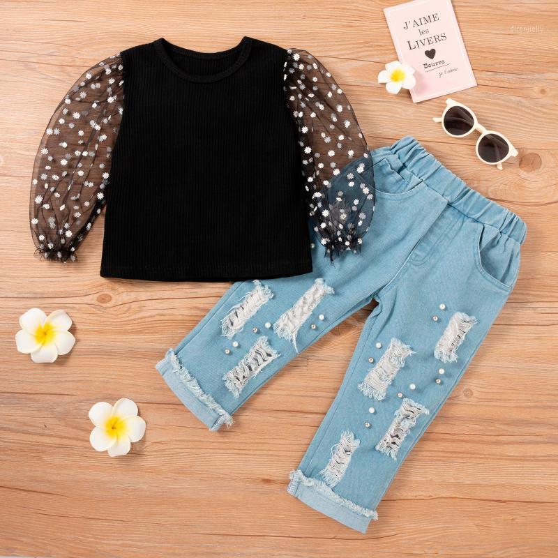 

Running Sets 4# Elegant Kids Toddler Baby Girls Ribbed Sunflower T-shirt Tops+ Denim Jeans Pants 2pcs Outfits Set Child Clothing, Black;blue