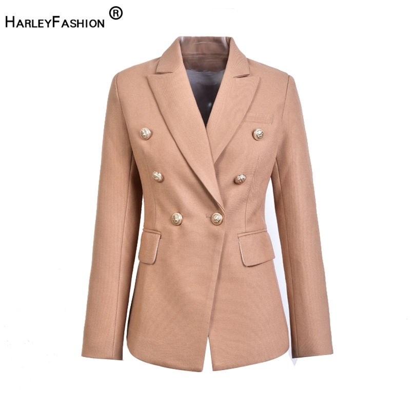 

HarleyFashion European Casual Slim fitness Metal Gold Button Jacket White Black Khaki Colors Female Blazer 211019