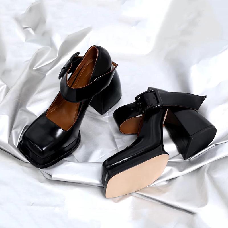 

Dress Shoes FONBERRY Patent Leather Chunky Heel Platform Mary Janes Women Black Punk Square Toe Y2K High Heels Pumps, White