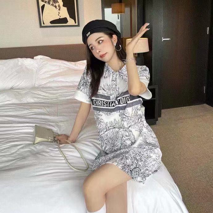 

A-line skirt 21 summer zoo series print stripe letter high waist thin short sleeve polo collar dress, White