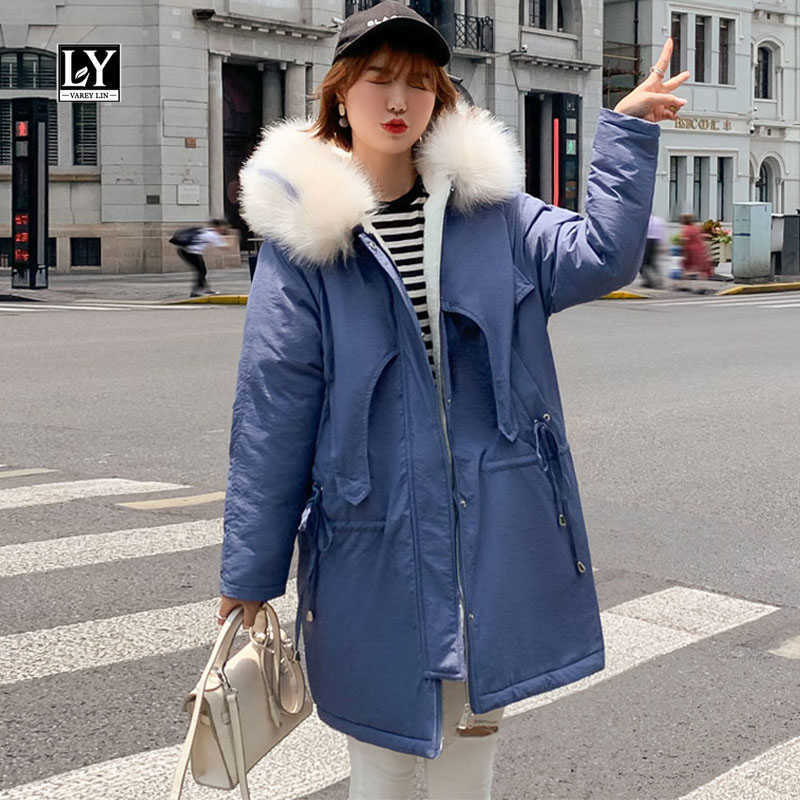

LY VAREY LIN Winter Women Long Cotton Coat Oversize Thicken Pockets with Fur Collar Padded Jacket Casual Warm Outerwear 210526, Beige