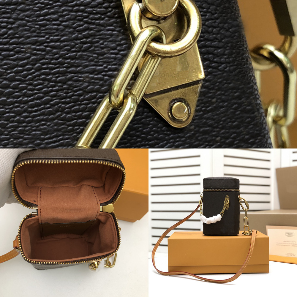 

Box M44914 Womens High Quality canvas bags Phone bucket bag Detachable strap chain buckle print Crossbody bag shoulder bags handbag, Brown