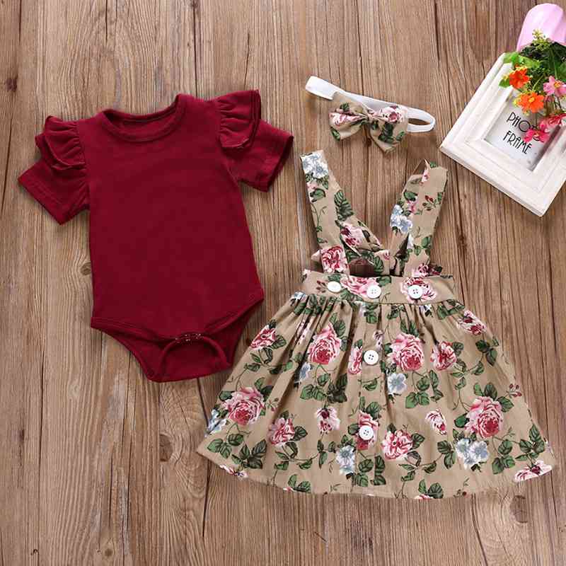 

Ruffle Romper Buttons Decor Floral Dress and Headband Set 210521, Red