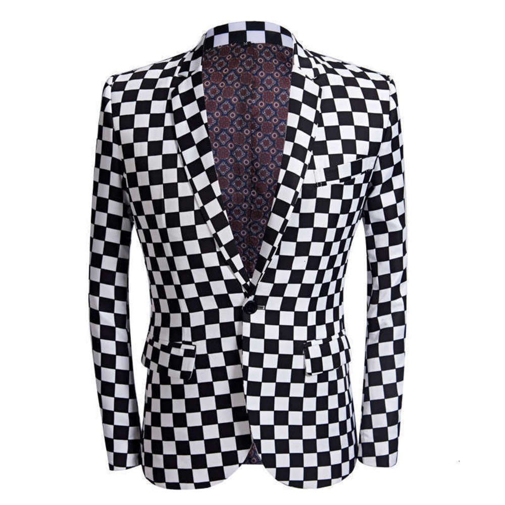 

Suits Men's & Blazers Black and white plaid Printed Dress casual coat host hair stylist flower suit, Top