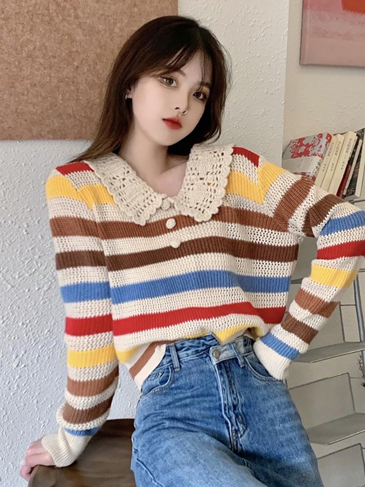 

Women's Sweaters Lace Women Sweater Rainbow Striped Pullovers Autumn 2021 Thin Knit Blouse Long Sleeve Vintage Casual Loose Ladies Tops, Multi