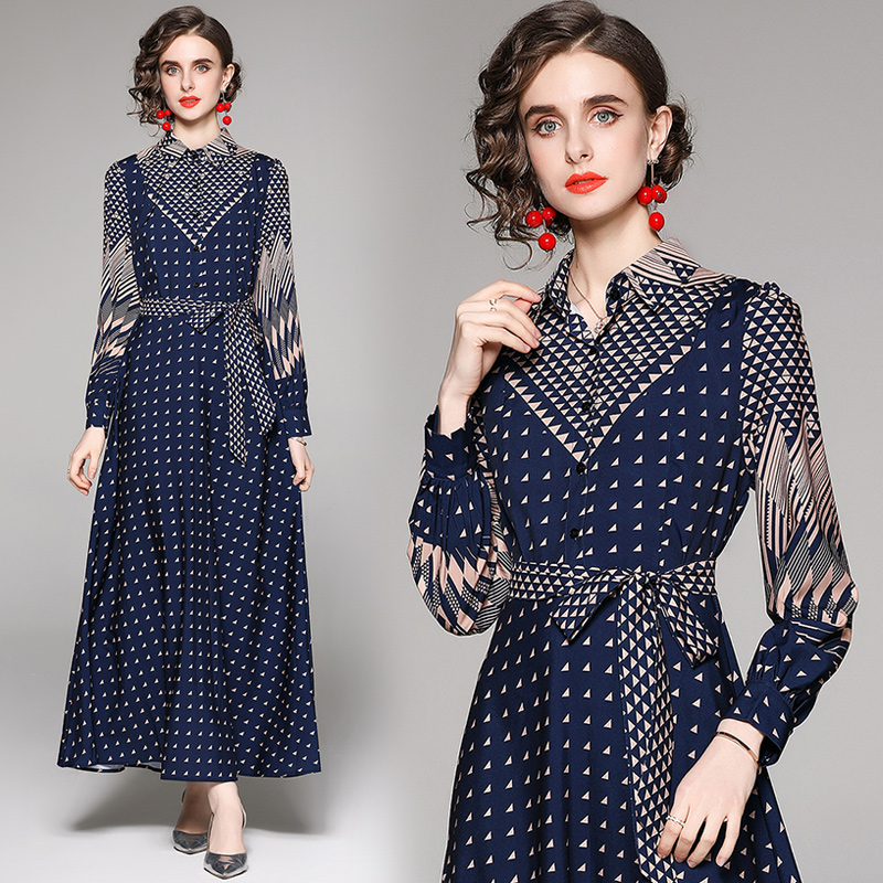 

2022 Fashion Printed Blue Button Shirt Maxi Dress Long Sleeve Runway Designer LadiesCasual Office Ribbon Bow Dresses Winter Fall Slim Prom Gorgeous Women Clothes, 02