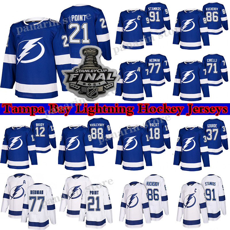 

Tampa Bay Lightning Jersey 2021 Stanley Cup Finals 86 Nikita Kucherov 77 Victor Hedman 91 Stamkos 21 Brayden Point 71 Cirelli hockey jerseys, Blue