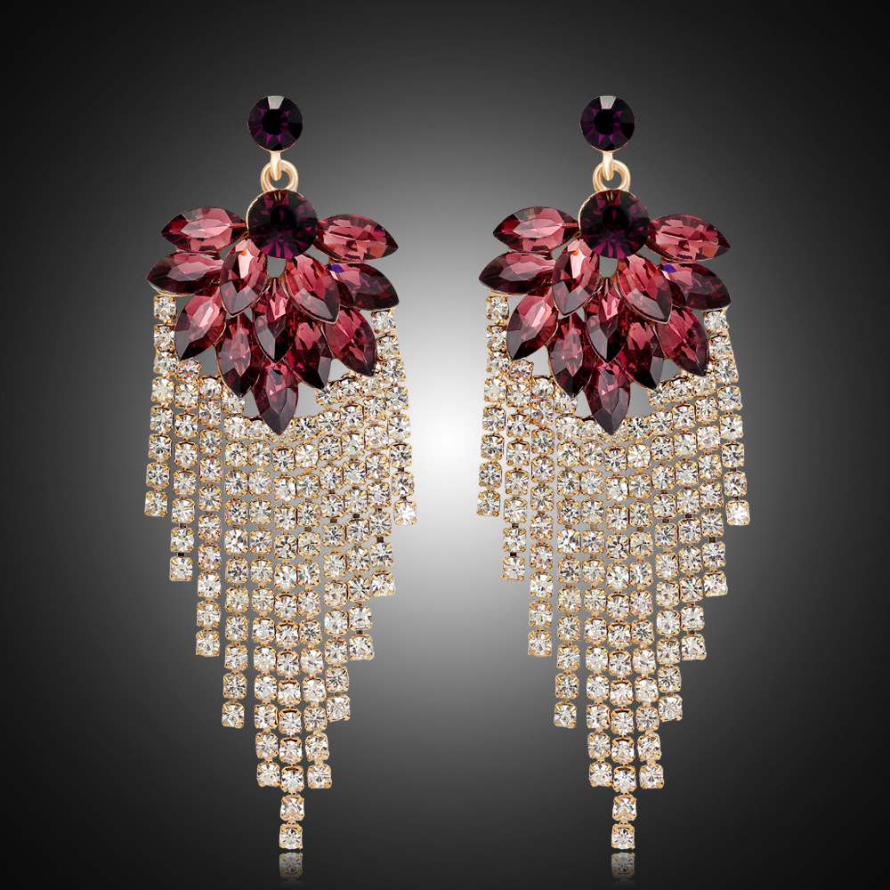 

Red Leaf Cluster Crystal Women Fashion Drop Earring Prom Party Wedding Jewelry Rhinestone Big Long Tassel Earrings BA148, Silver