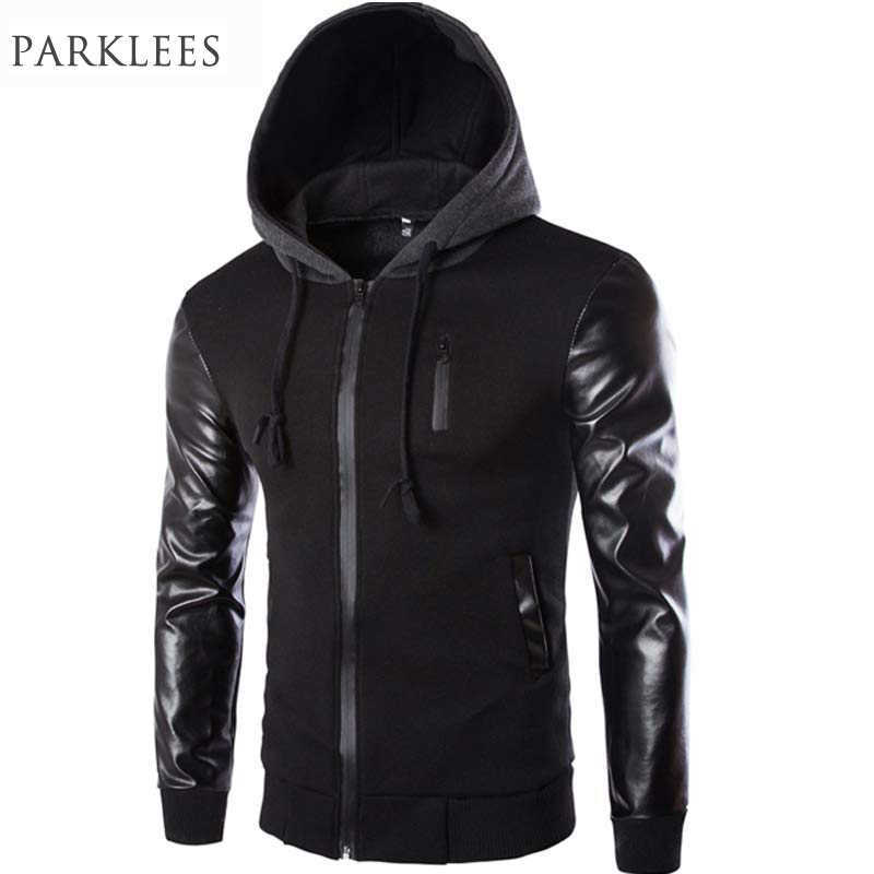 

Cool Hooded Jacket Men Spring Fashion Pu Leather Sleeve Splice Bomber Jacket Casual Windbreaker Blouson Veste Sweat Homme X0621, B1549gray