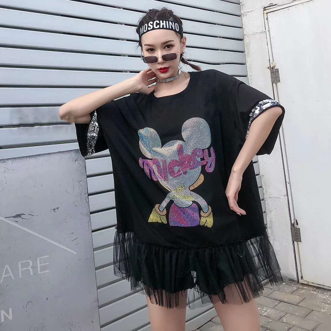 

t shirt fashion brand mesh stitching skirt women 2021 summer cartoon drilling large short sleeve, White