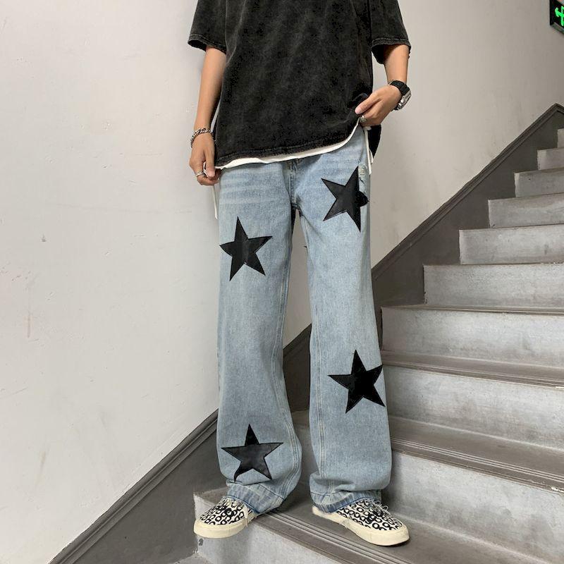 

Men' Jeans Hip-hop Male Star Print Loose Wide-leg Trousers American Streetwear Straight Pants Baggy High Waist Y2k Men Women Bottoms, Blue