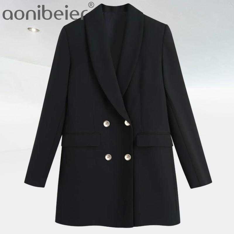 

ZA Ladies Fashion Double-Breasted Flat Blazer Coat Retro Long-Sleeved Pocket Jacket Chic Long Female 210604, Black
