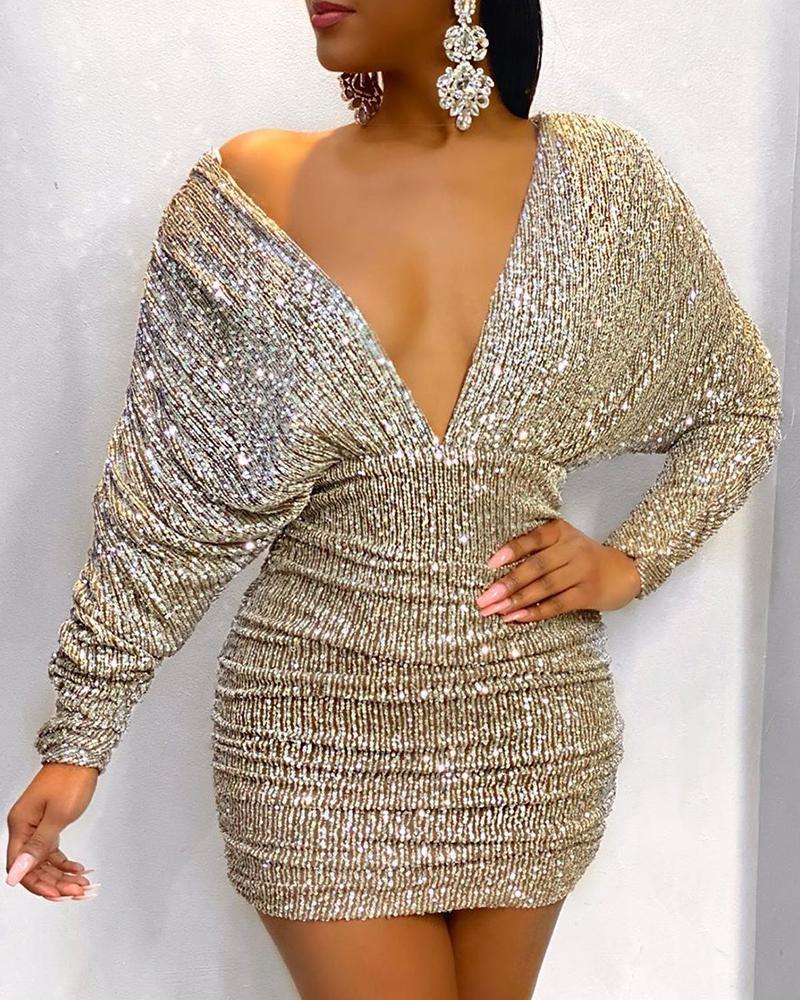 

Casual Dresses 2021 Women Elegant Fashion Ruched V-Neck Backless Bodycon Sequin Dress Stylish Party Sexy Mini, Champagne