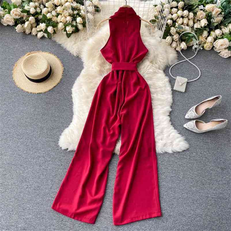 

Women Temperament Lace Up Waist Wide Leg Jumpsuit Solid Color V-neck Slim Fashion Spring Summer 11B541 210525, Dark blue