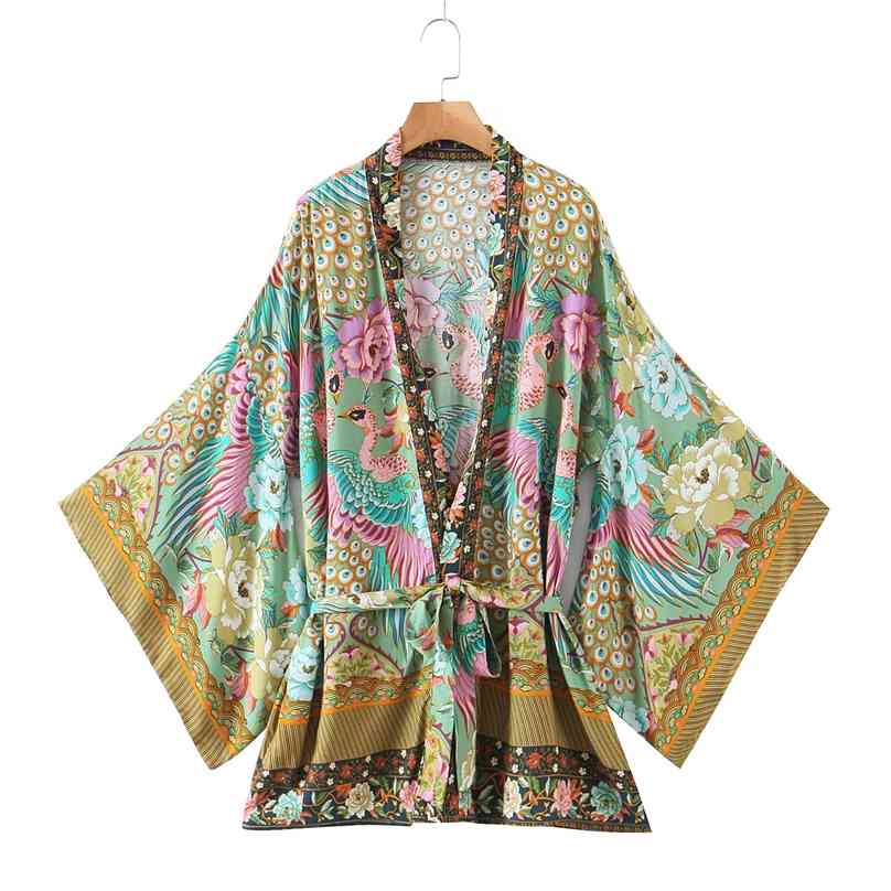 

Rayon Kimono Robes Peacock Floral Print Batwing Sleeve Plus Size Women Boho Ethnic Folk Cover Ups Tops 210720, Sky blue