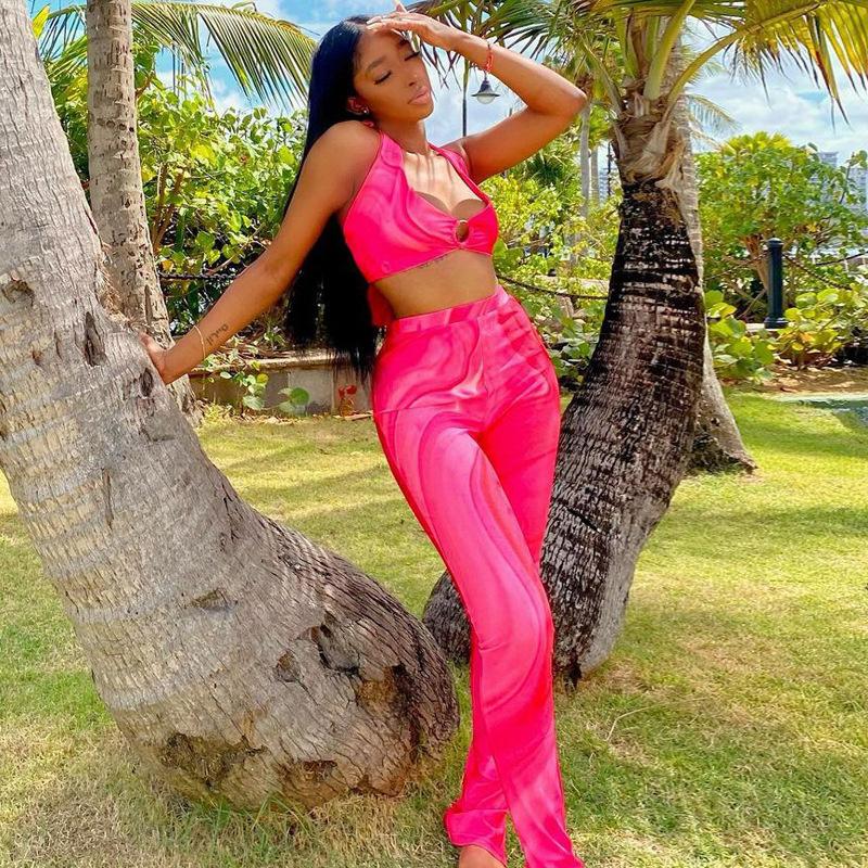 

Women' Two Piece Pants Rose Red Tie Dye Print Set Sleeveless Halter Bikini Bandage Backless Sexy Pencil Street Hipster Club Outfits, Rose pink